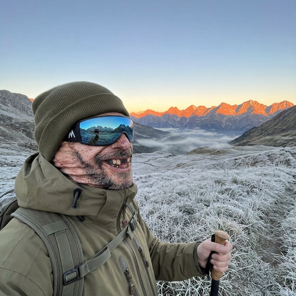 Escursionista all'alba con la maschera Volti Sender